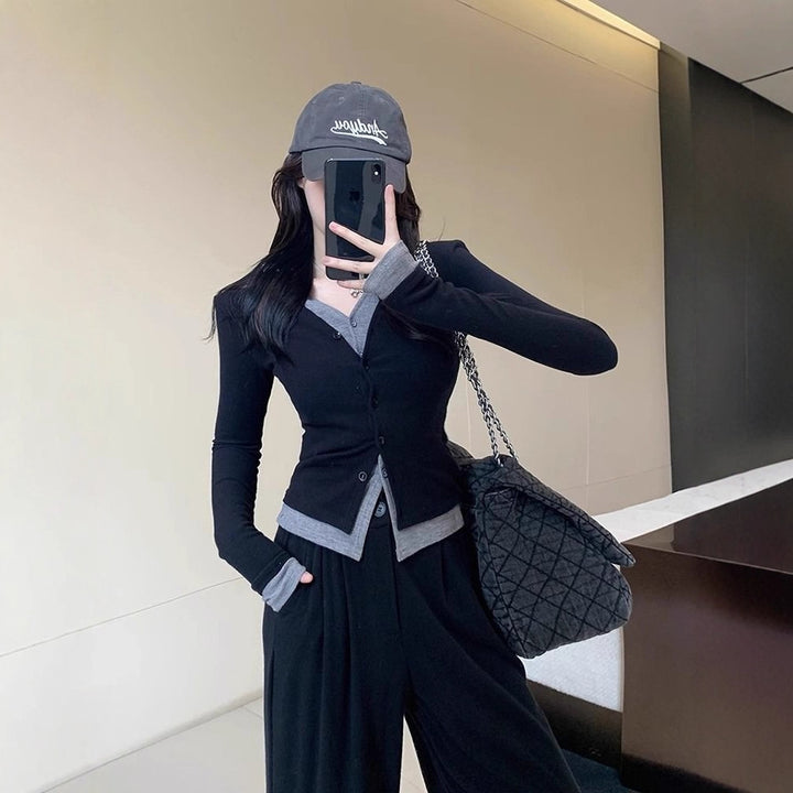 Damer fitted langærmet top med elegant underkrave Stilla