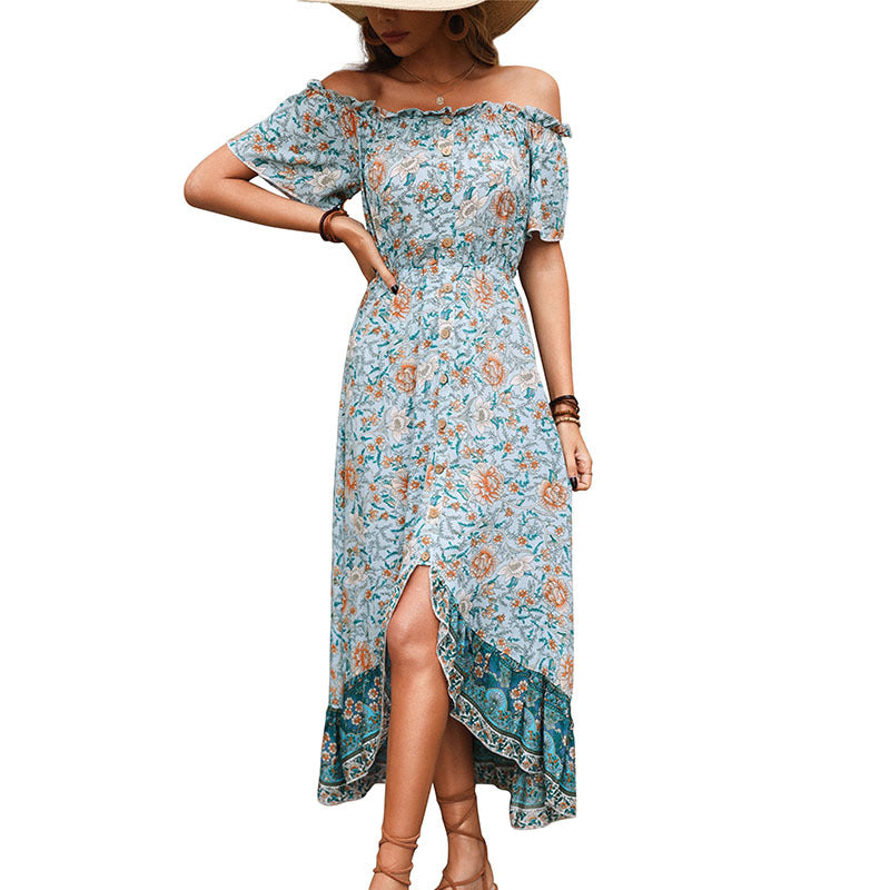 Dame Off-Shoulder Blomst Maxi Kjole med Flæsekant Stilla