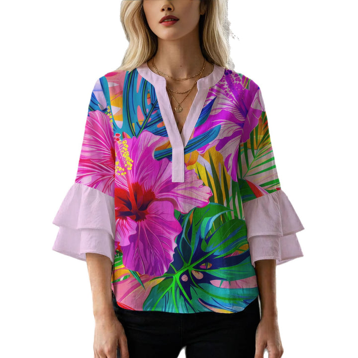 Damebluse med voluminøse flæseærmer og blomstermønster Skovae