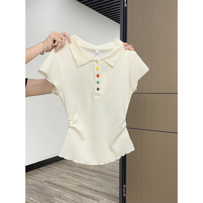 Femme Stilfuld Ribbede Poloshirt med Knapdetaljer Stilla