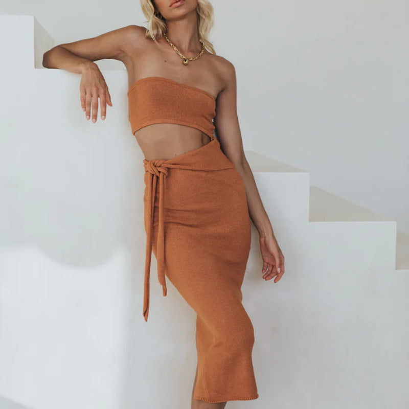 Dame Crop Top og Midi-Nederdel Sæt med Bindebælte og Urban Stil Stilla
