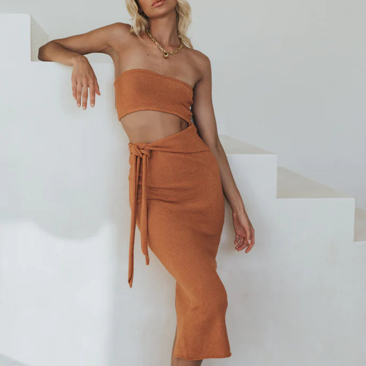 Dame Crop Top og Midi-Nederdel Sæt med Bindebælte og Urban Stil Stilla