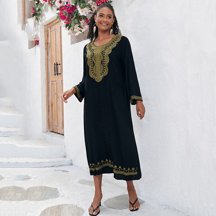 Dame elegant Maxikjole med kunstneriske broderier og sidelommer Stilla