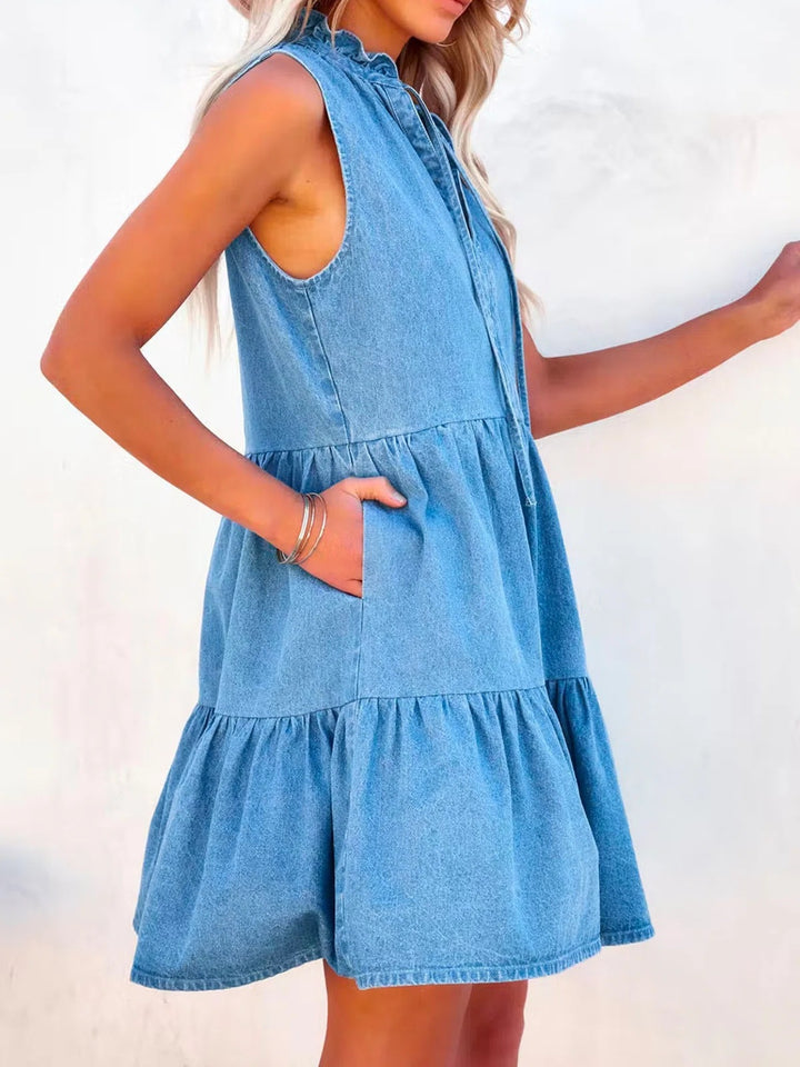 Femme Ærmeløs Denim A-Linje Kjole med Flæsekrave Stilla