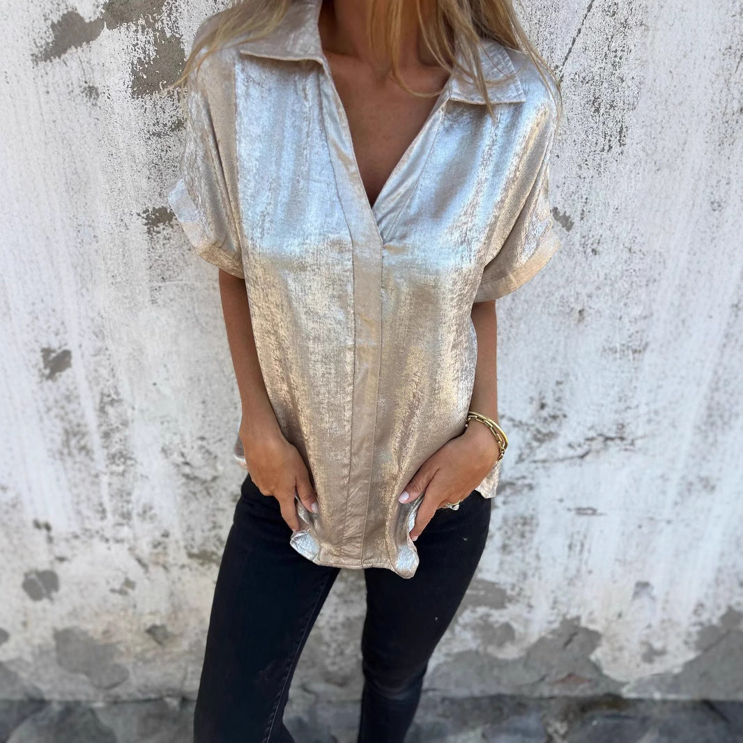 Dame Glinsende Satin Kortærmet Bluse Stilla