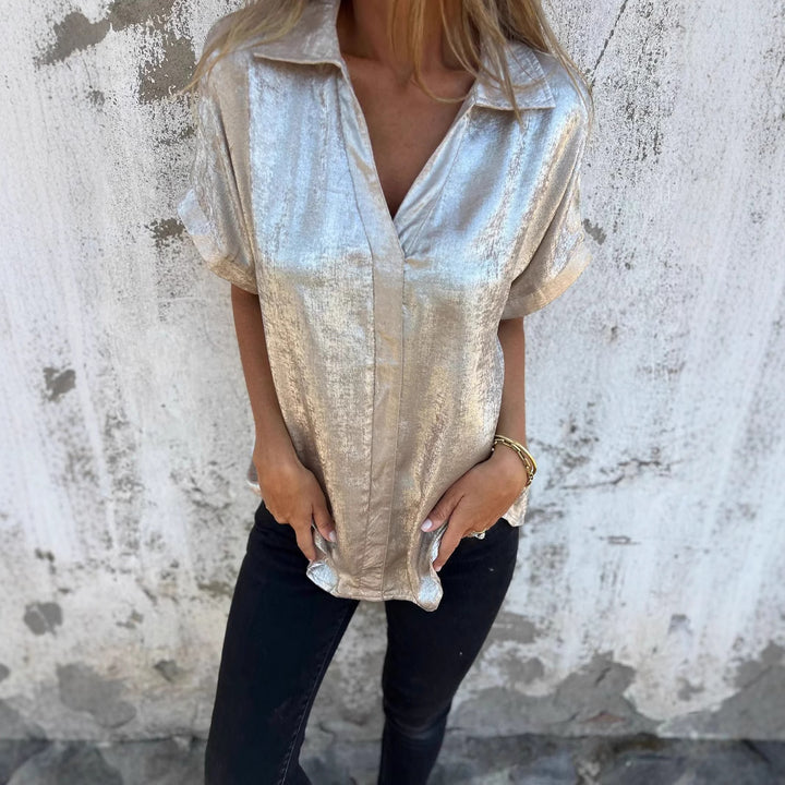 Dame Glinsende Satin Kortærmet Bluse Stilla