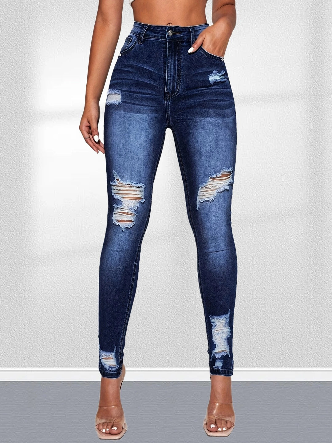 Dame højtaljede skinny jeans i den trendy destroyed-look med fashionable rifte detaljer Stilla