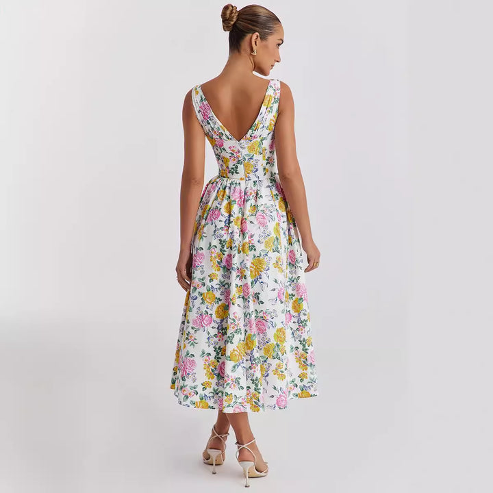 Kvindernes midi kjole med blomstermotiv og stilfuld V-hals Stilla