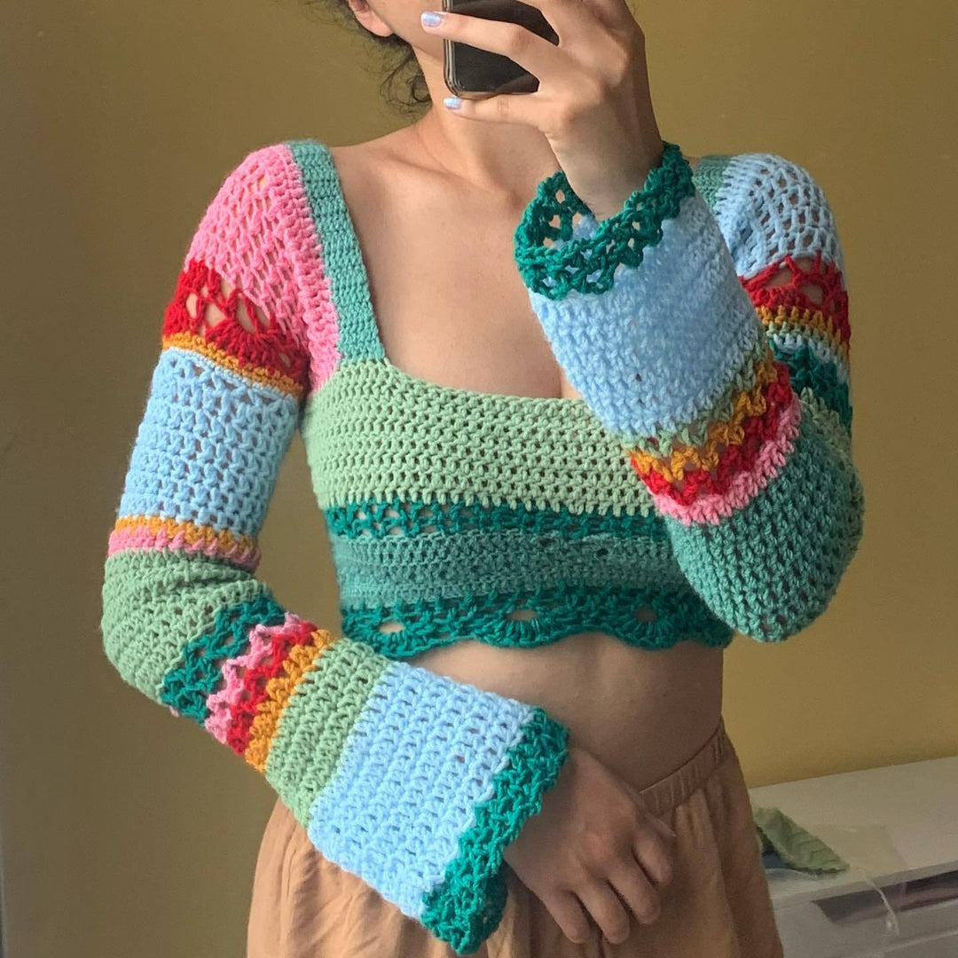 Dame hæklede Crop-Top med lange ærmer og usædvanlig kant Skovae