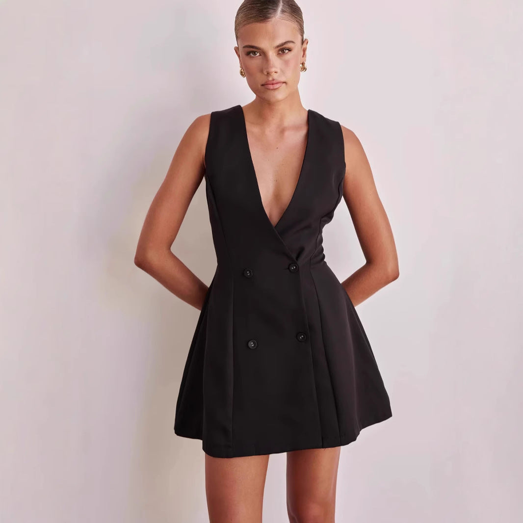 Women's reversible dress with deep V-neckline and double button placket Skovae