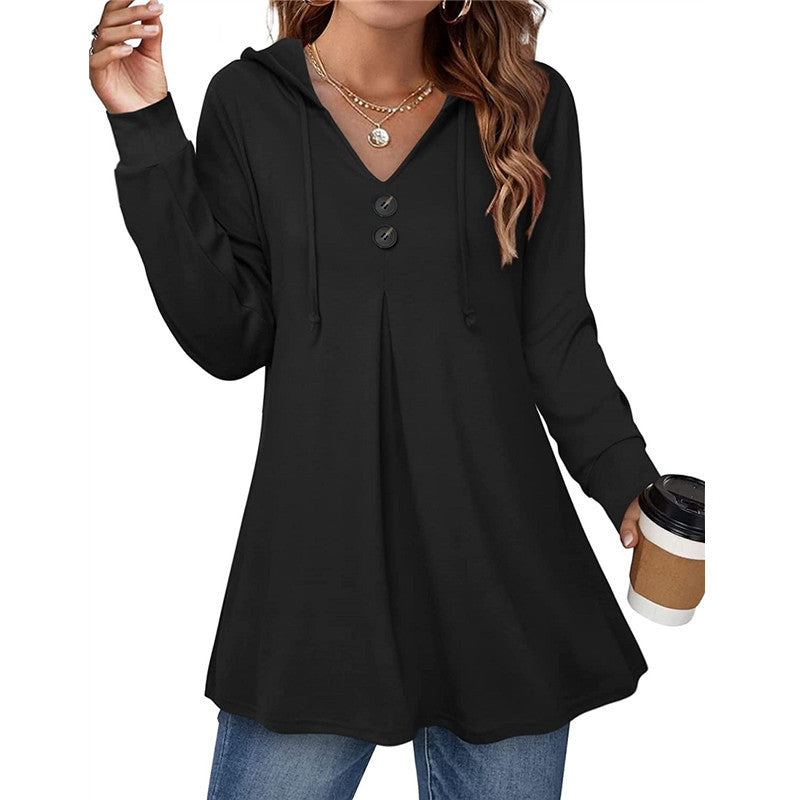 Dame Hoodie med V-hals og dekorative knapper Stilla