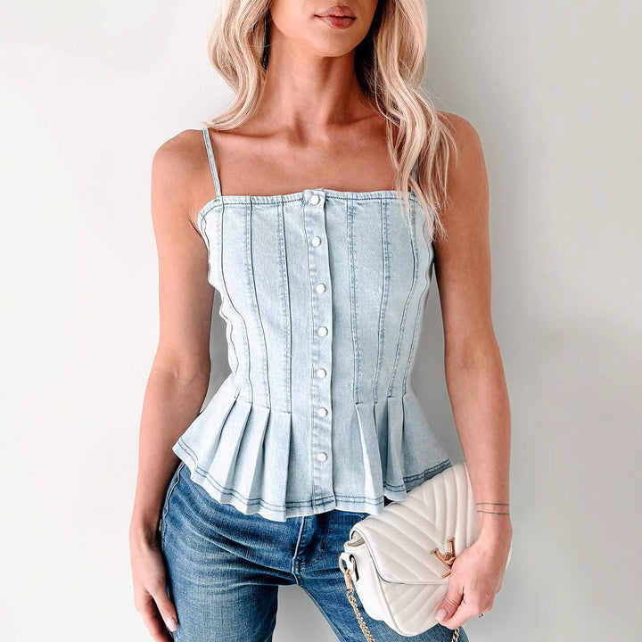 Dame Peplum-top i denim med knaplukning og fine rynker Stilla