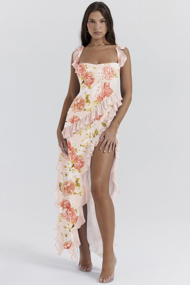 Kvindernes elegante asymmetrisk kjole med ruffle detaljer og blomster mønster Stilla