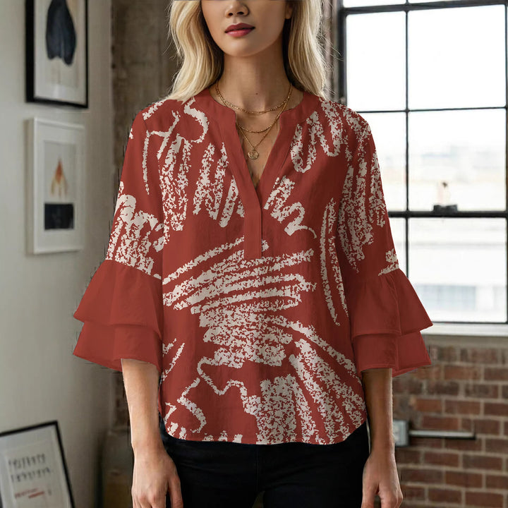 Dame elegant bluser med voluminøse rucheærmer og grafisk blomsterdesign Skovae