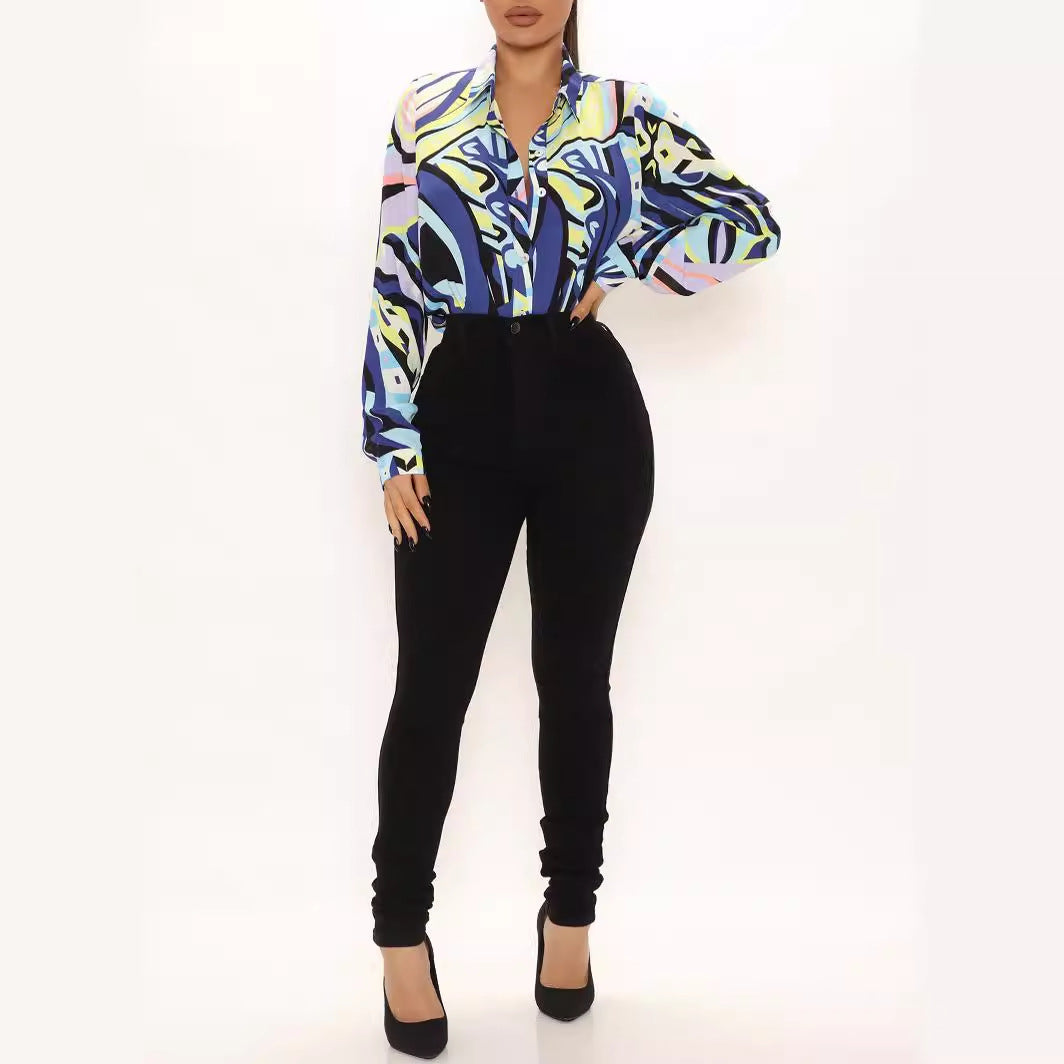 Dame elegant og farverig bluse med klassisk krave Stilla