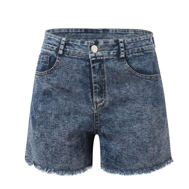 Dame højtaljede denim-shorts med frynset kant Skovae