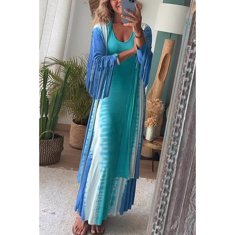 Dame kaftan kjole med frynset ærmer og dyb farvegradient Stiila