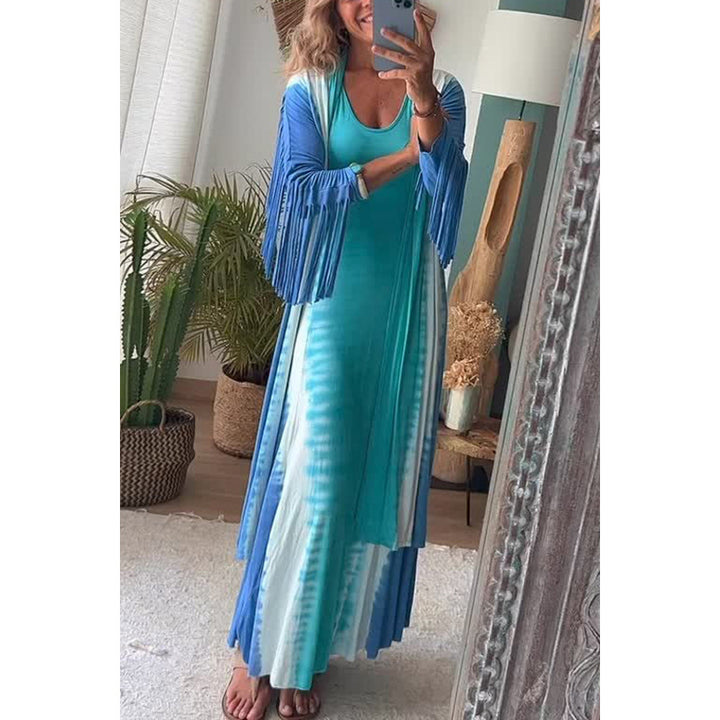 Dame kaftan kjole med frynset ærmer og dyb farvegradient Stiila