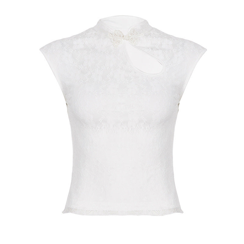 Damen Spitzenoberteil mit hochgeschlossenem Kragen und floralem Design Skovae