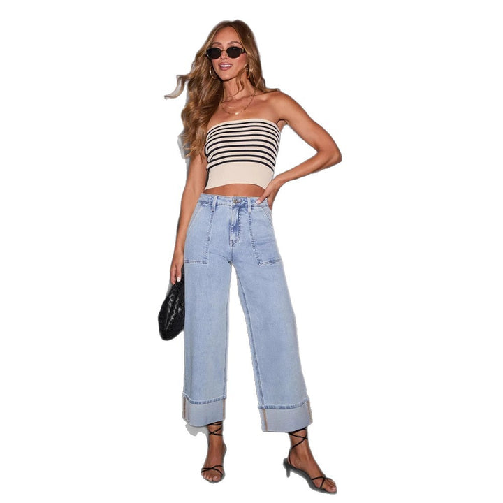 Dame brede jeans med lommer og moderne kant Skovae