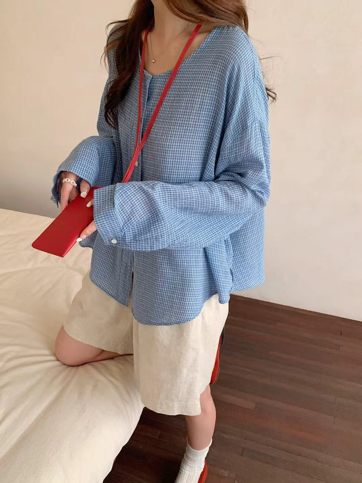 Damer Oversized Button-Up Karo-Bluse med unik kant Stilla
