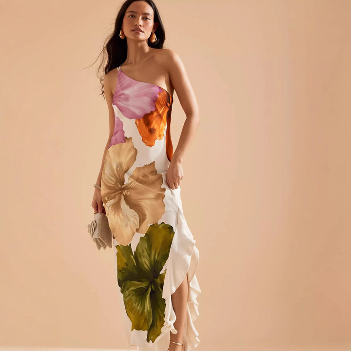 Dame Maxikjole med asymmetrisk snit og floral design Stiila