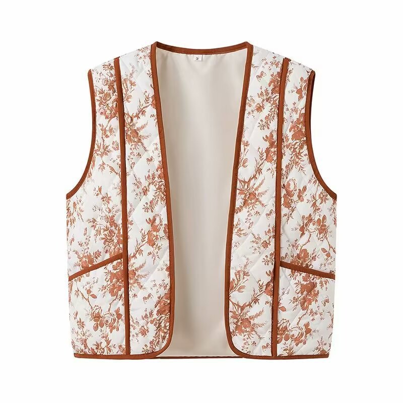 Kvinder Quiltet Vest med blomstertryk og praktiske lommer Stilla