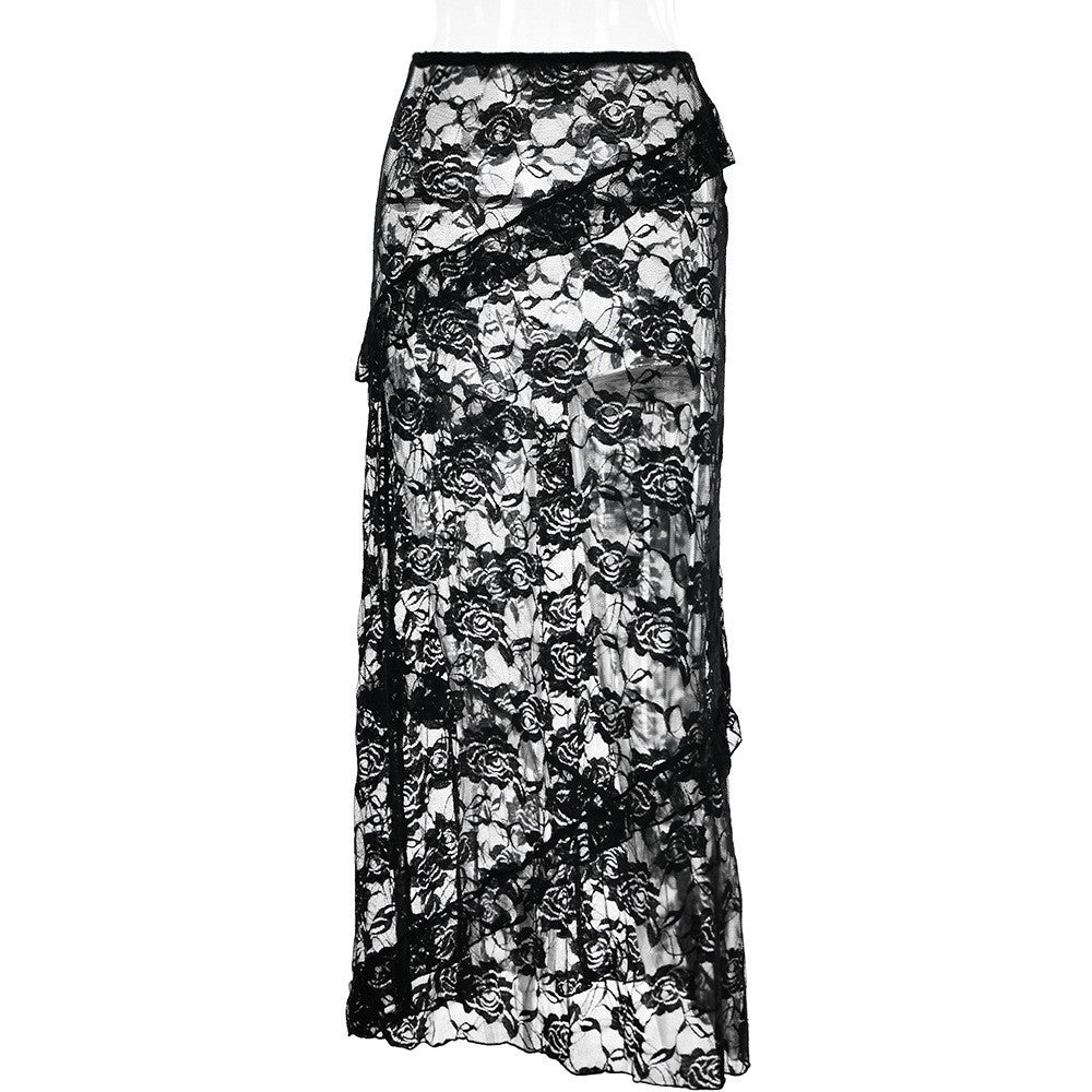 Dame Lange Spidskørt med asymmetrisk Rüschforløb og elegant Blomstspids Skovae