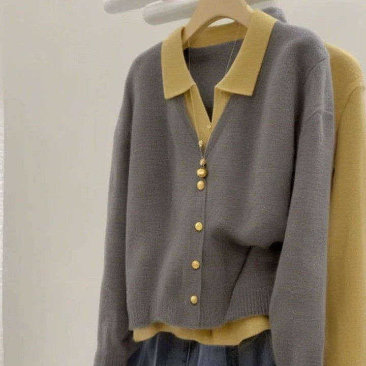 Kvinders fashionable cardigan med elegant krave og store knapper Stilla