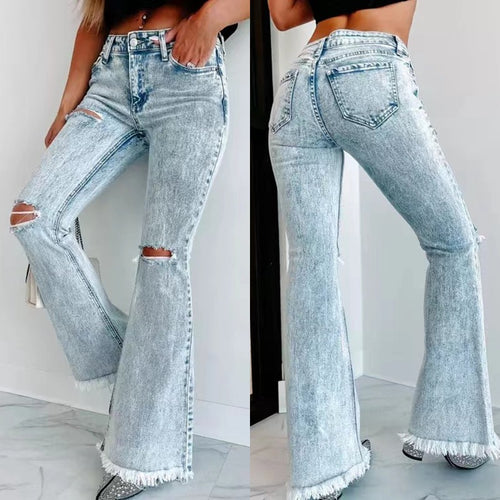 Dame flared jeans med frynset kant og moderne used-look Stilla