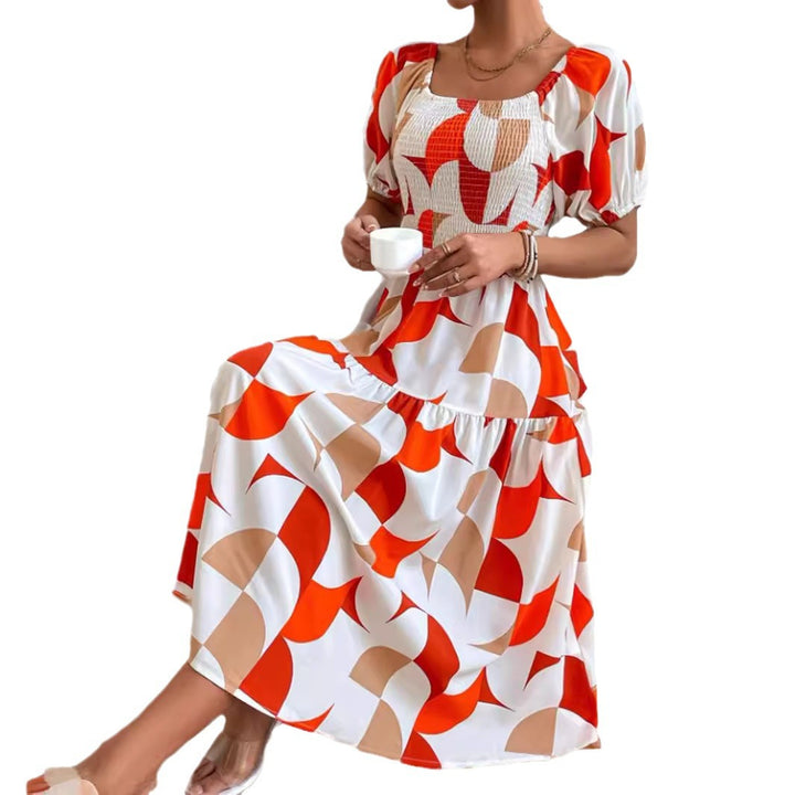 Dame Off-Shoulder Maxikjole med luftige puffærmer og geometrisk mønster Stilla