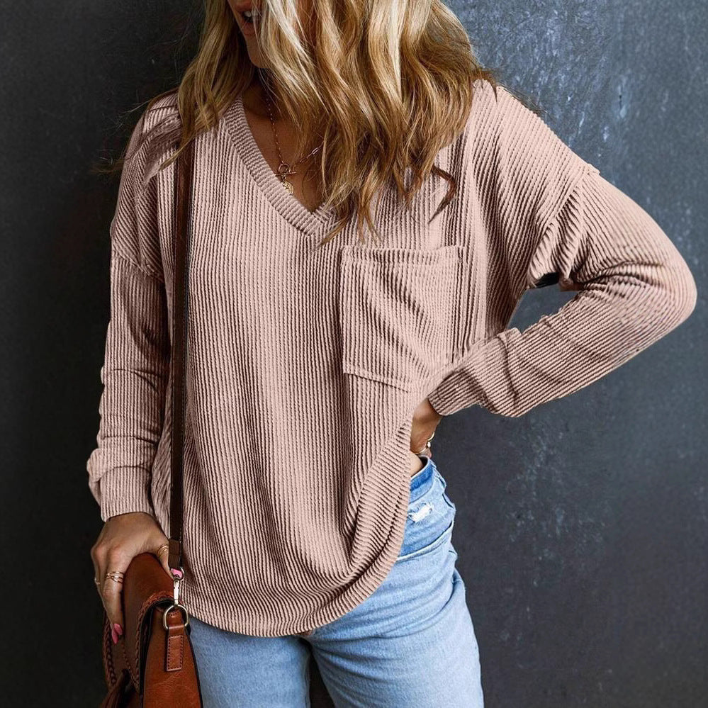 Dame afslappet V-hals sweater med struktur og brystlomme Stilla