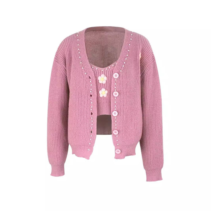 Dame moderigtig strikcardigan med florale applikationer og perle detaljer Stilla