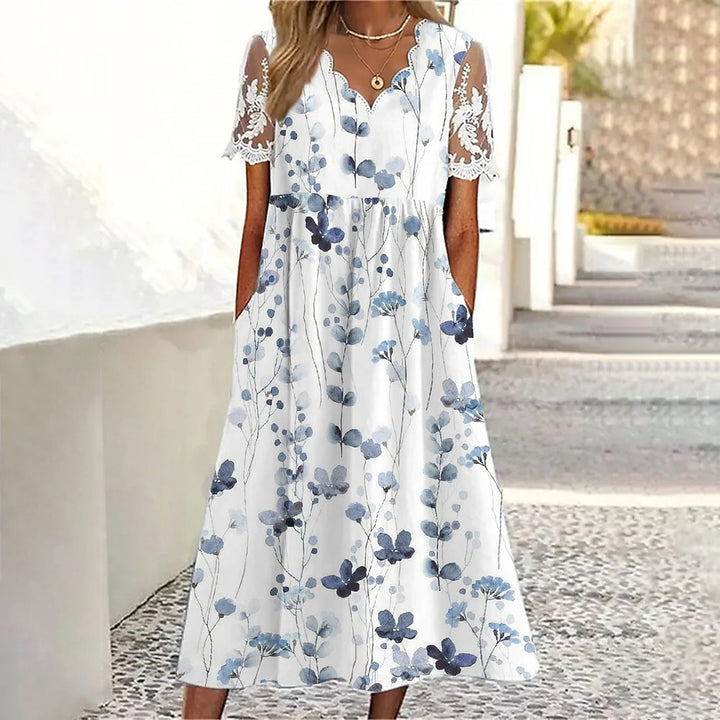 Dame Midi Kjole med Blomsterprint og Spidsærmer Stilla