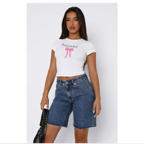 Dame behageligt crop-top med moderne print Skovae