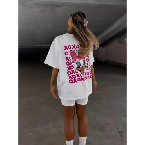 Dame T-shirt med farverigt cartoon-motiv og afslappet snit Stilla