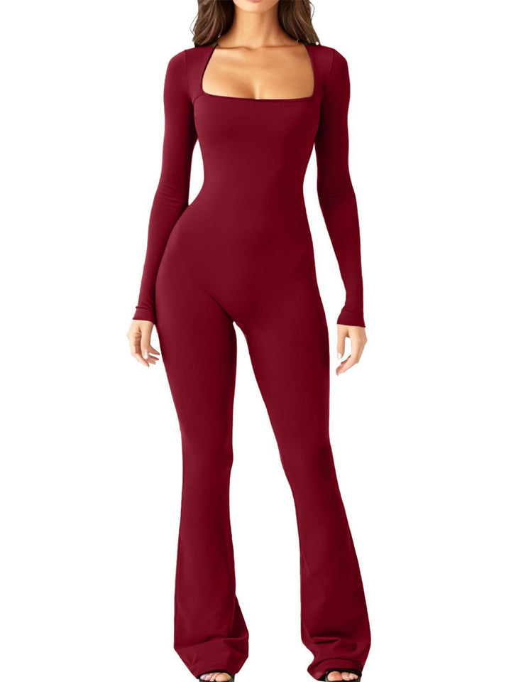 Dame moderne langærmet jumpsuit med dyb udskæring og udvidet ben Stilla