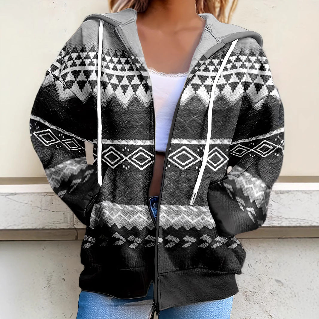 Dame Hyggelig Fleece Zip-Up Hoodie med Geometriske Mønstre Stilla