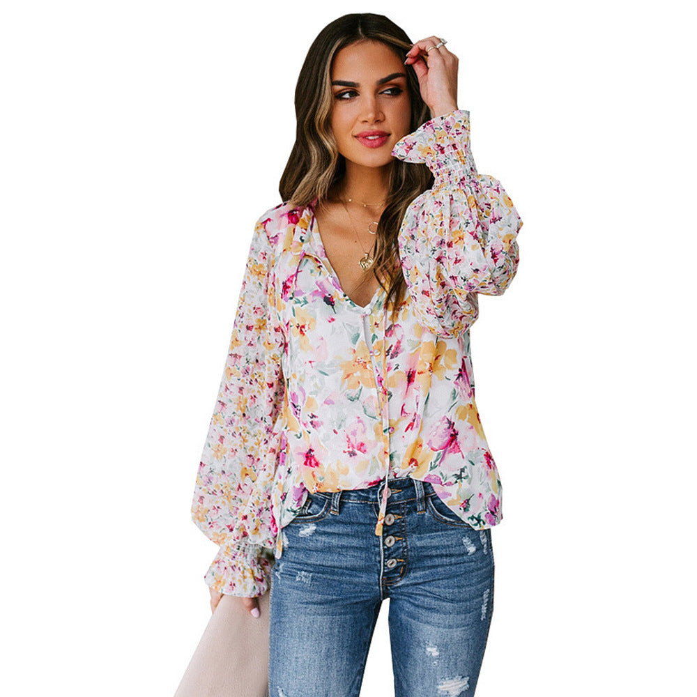 Damer Blomster mønster blouse top med brede ærmer Stilla