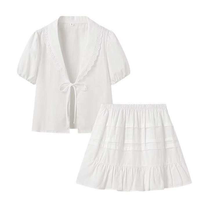 Dame bluse sæt med elegant spidse krave og flydende nederdel Stilla