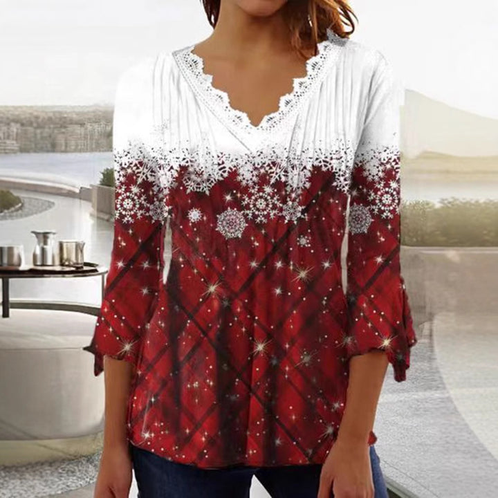 Dame Blusenshirt med elegant blondehals og festligt ternet mønster Stilla