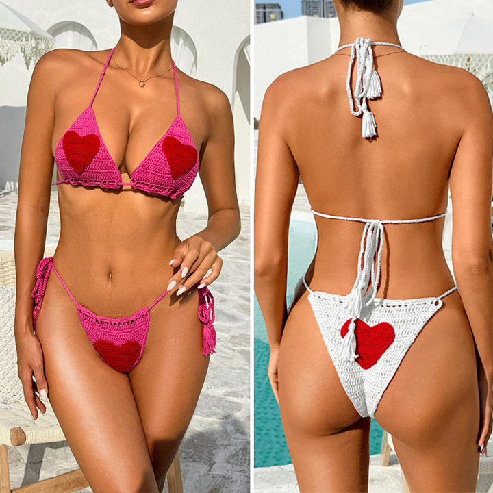 Dame Hæklet Bikinis med hjerteformede applikationer og legesyge frynser Stilla