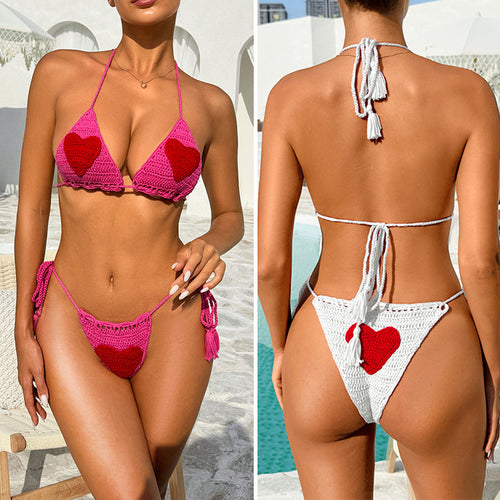 Dame Hæklet Bikinis med hjerteformede applikationer og legesyge frynser Stilla