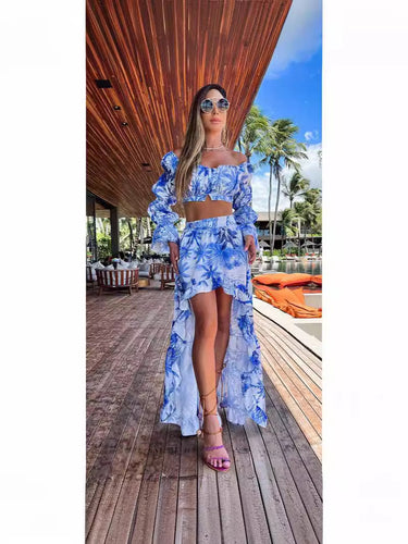 Dame to-delt sommeroutfit med off-shoulder bluse og luftig maxi-nederdel Stilla