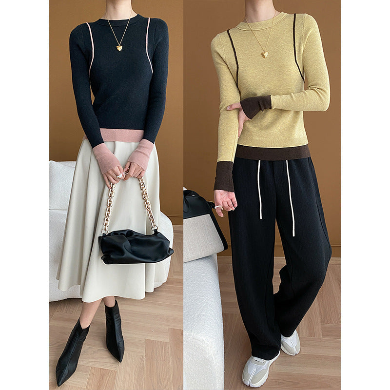 Damer elegant rundhals sweater med kontrasterende ærmer og fin ribbet tekstur Stilla