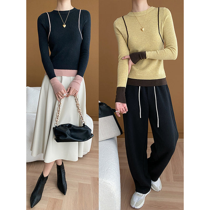Damer elegant rundhals sweater med kontrasterende ærmer og fin ribbet tekstur Stilla