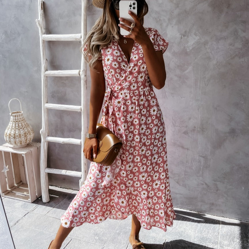 Dame Floral Print Wrap Midi Kjole Stilla