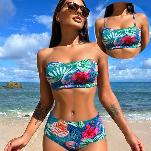 Dame Bikini-sæt med blomsterdesign og højtaljet snit Skovae