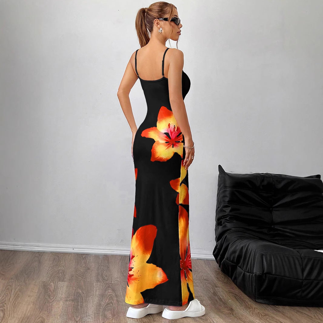 Dame maxikjole med blomsterprint og smalle stropper Stilla