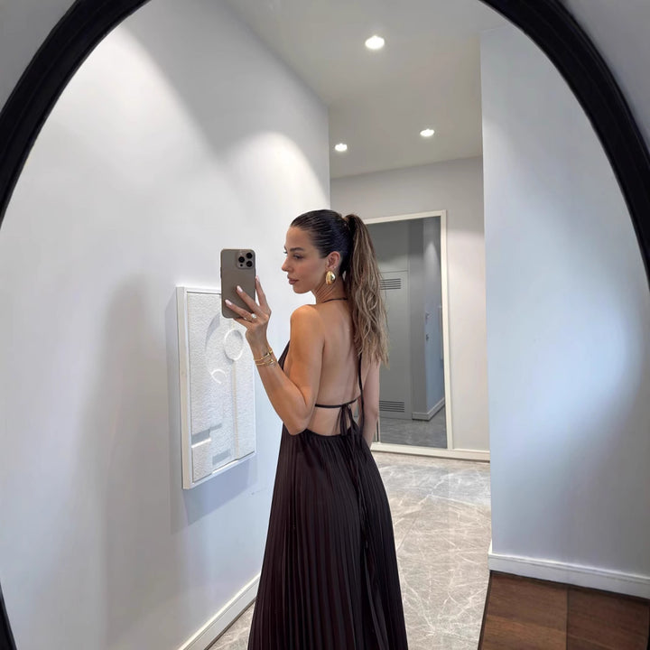 Dame Plisseret Halterneck Maxi Kjole Stilla